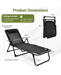 3pcs Patio Folding Chaise Lounge Chair Pvc Tabletop Set Outdoor Portable Beach