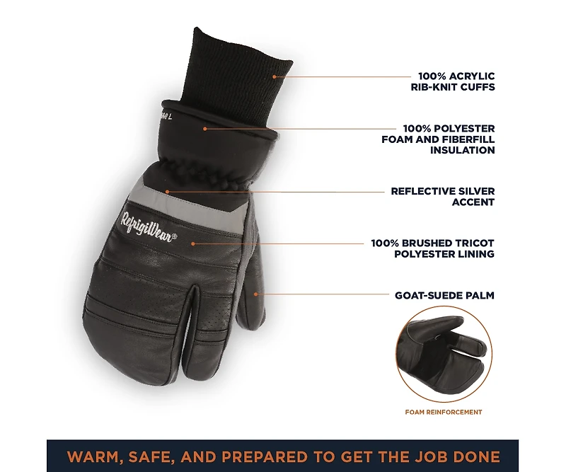 RefrigiWear Men's 3-Finger Winter Black Leather Mittens