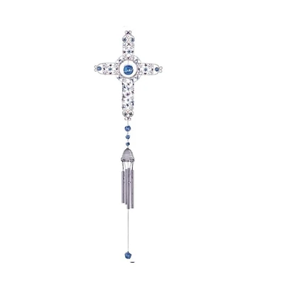 33" Long White Cross Wind Chime with Gem