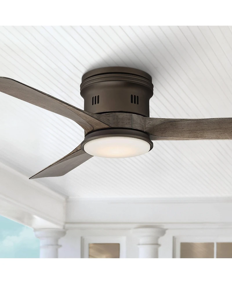 54" Casa Vieja Modern Hugger Low Profile Indoor Outdoor Ceiling Fan with Light Led Remote Bronze Wood Opal Glass Damp Rated Patio