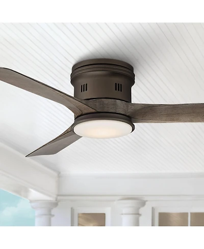 54" Casa Vieja Modern Hugger Low Profile Indoor Outdoor Ceiling Fan with Light Led Remote Bronze Wood Opal Glass Damp Rated Patio
