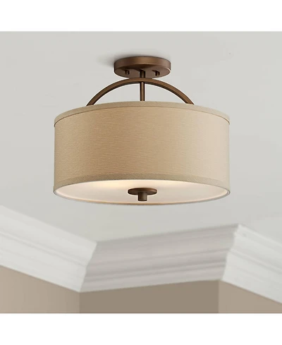 Possini Euro Design Halsted Modern Ceiling Light Semi Flush Mount Fixture 15" Wide Brushed Bronze 2-Light Oatmeal Linen Drum for Bedroom Living R