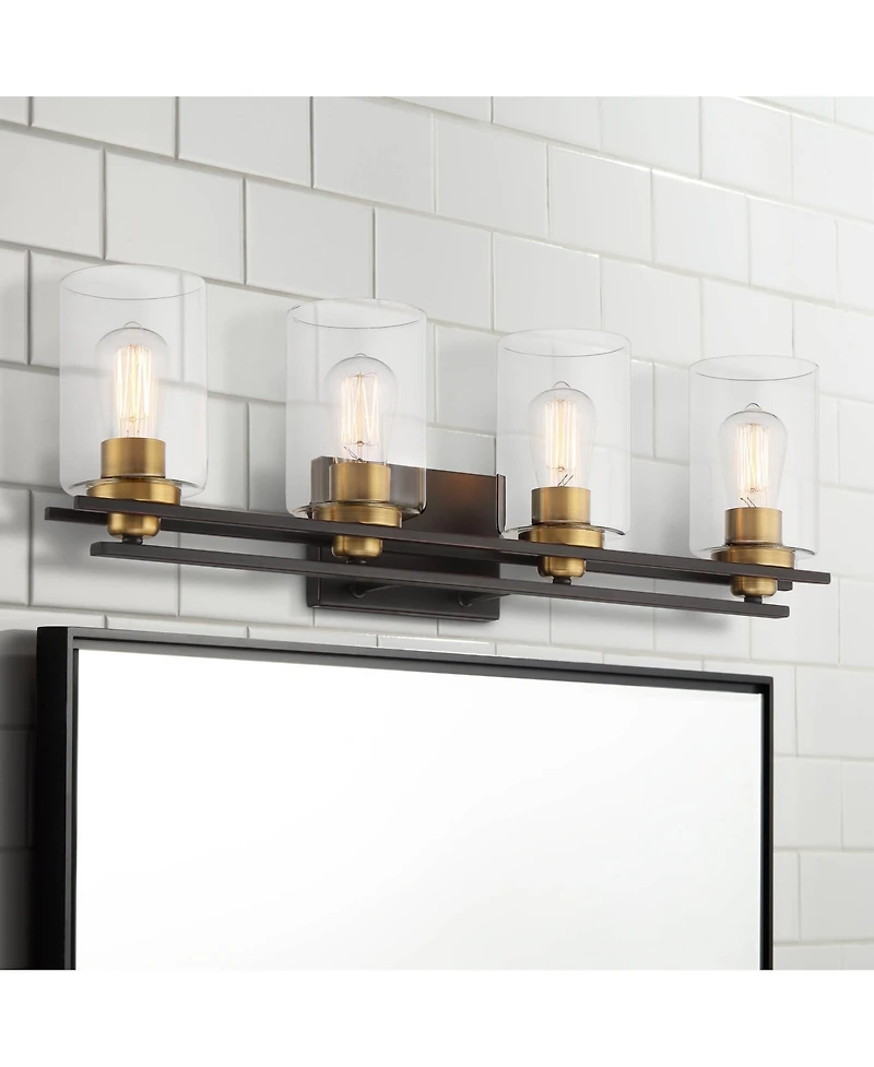 Possini Euro Design Demy Modern Wall Light Oil Rubbed Bronze Gold Hardwire 27" 4-Light Fixture Clear Glass for Bedroom Bathroom Vanity Reading Ho