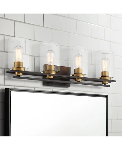 Possini Euro Design Demy Modern Wall Light Oil Rubbed Bronze Gold Hardwire 27" 4-Light Fixture Clear Glass for Bedroom Bathroom Vanity Reading Ho