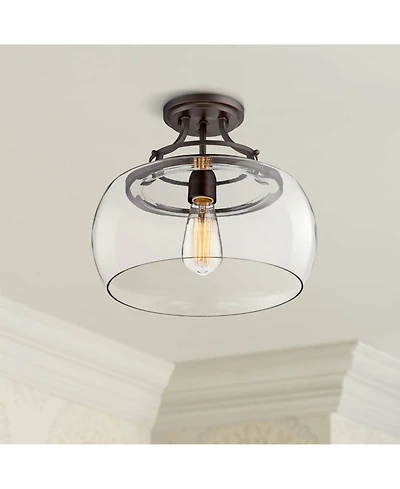 Franklin Iron Works Charleston Industrial Rustic Farmhouse Ceiling Light Semi Flush-Mount Fixture 13.5" Wide Bronze Led Clear Glass Shade for Bedroom