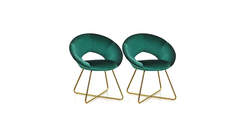 Set of 2 Accent Velvet Chairs Dining Chairs Arm Chair with Golden Legs Dark Green