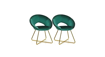 Set of 2 Accent Velvet Chairs Dining Chairs Arm Chair with Golden Legs Dark Green