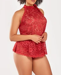 iCollection Plus 2 Piece Lace Halter Babydoll and Ruffel Panty Lingerie Set