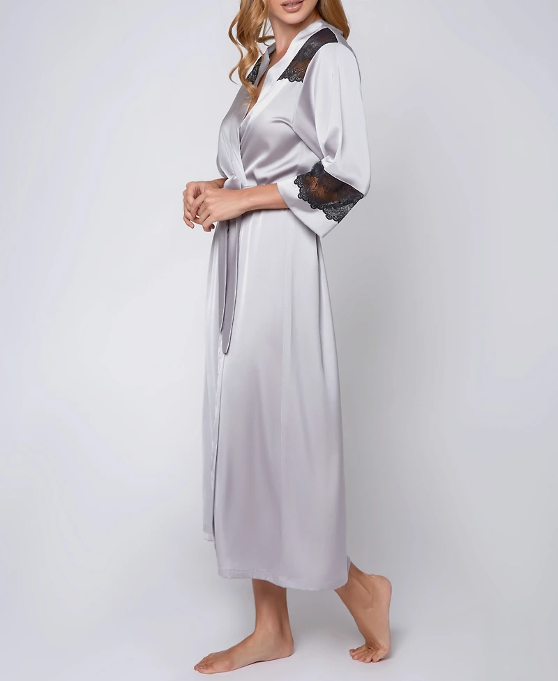 iCollection Women's Silky Stretch Satin Long Robe with Lace Trims