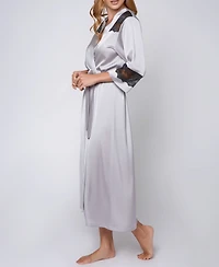 iCollection Women's Silky Stretch Satin Long Robe with Lace Trims