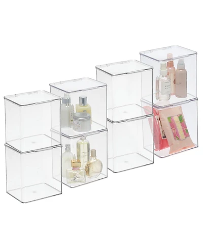 mDesign Plastic Bathroom Stacking Organizer Box with Hinged Lid, 8 Pack, Clear