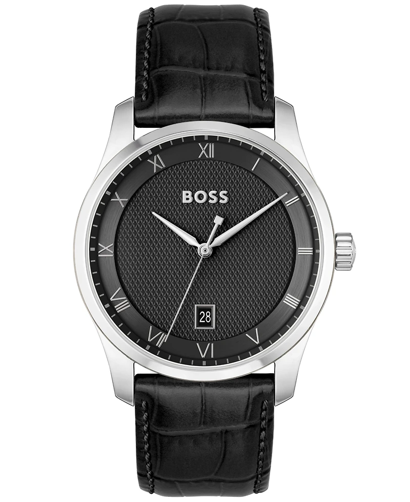 Hugo Boss Men's Principle Quartz Basic Calendar Black Leather Watch 41mm