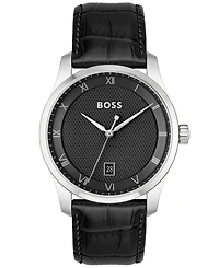 Hugo Boss Men's Principle Quartz Basic Calendar Black Leather Watch 41mm