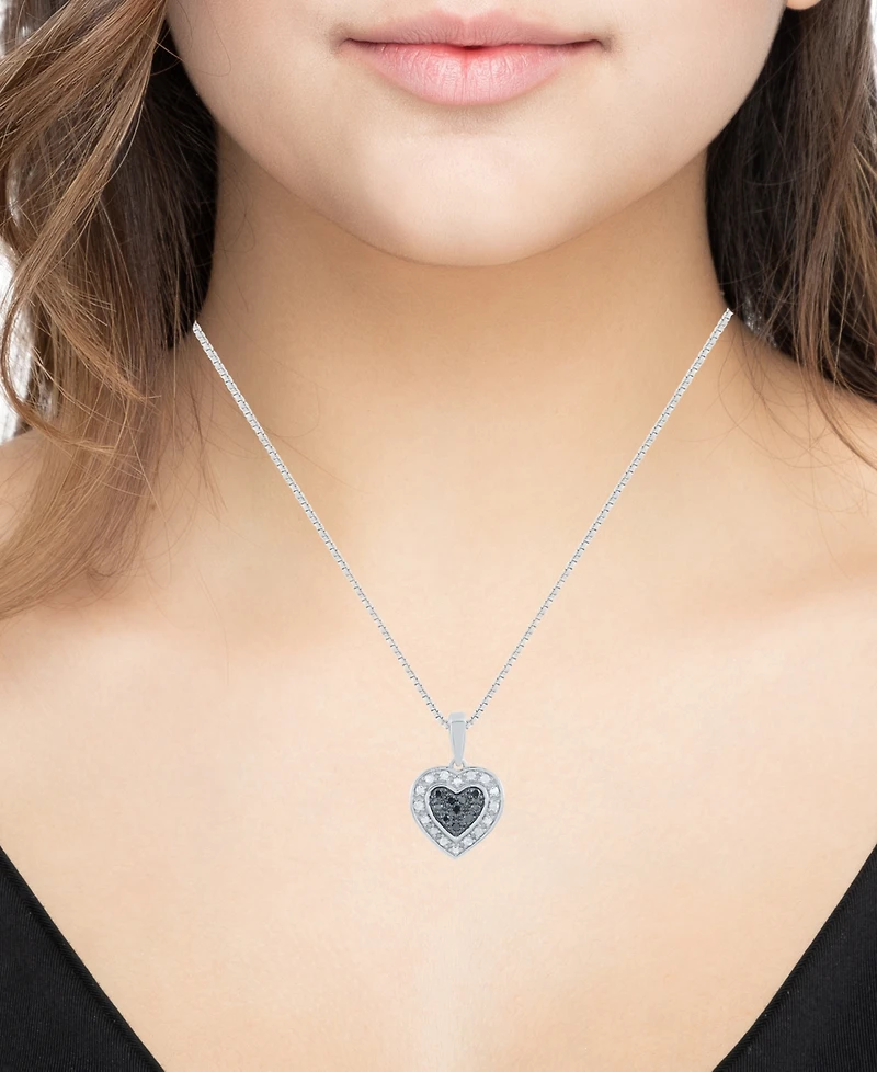 Black & White Diamond Heart Drop 18" Pendant Necklace (1/6 ct. t.w.) in Sterling Silver