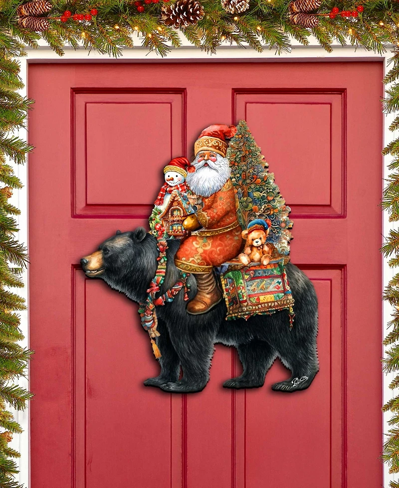 Designocracy Santa Claus and Black Bear Christmas Door Decor Wooden Wall Decor G. DeBrekht