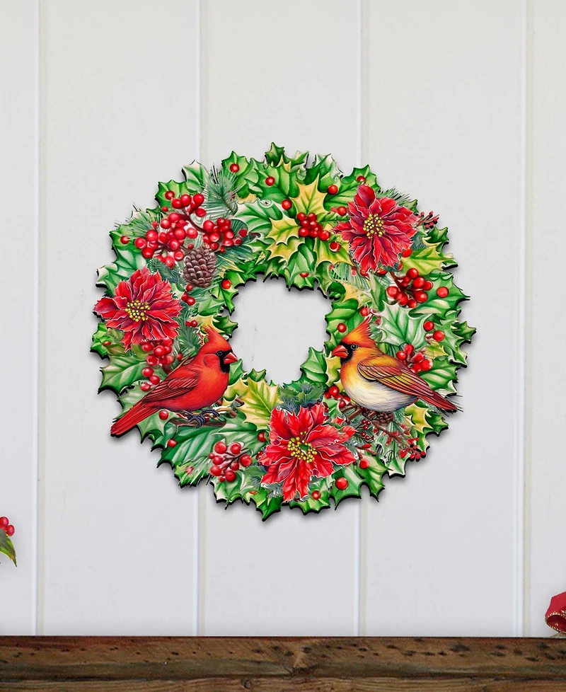 Designocracy Cardinal Garland Wreath Christmas Door Hanger Wooden Door Decor G. DeBrekht