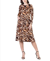 24seven Comfort Apparel Women's Print Long Sleeve Pleated Midi Dress