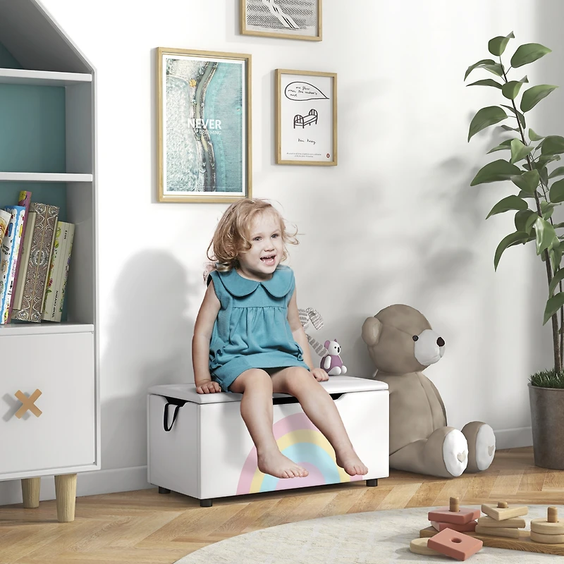 Qaba Kids Toy Box Chest, Lightweight Toy Organizer with Storage, Top Lid, and Side Handles for Nursery Room, Playroom, Bedroom, Aged 3-8 Years Old, 29
