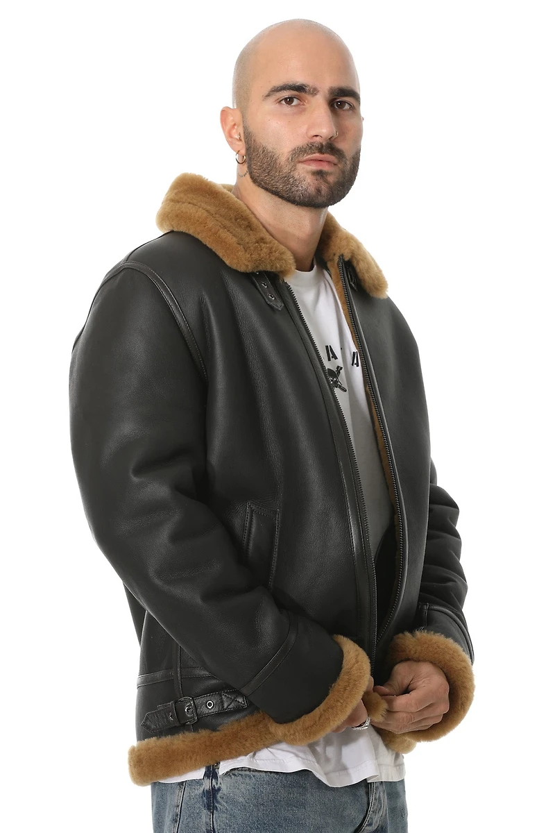 Furniq Uk Men's Shearling Raf B3 Aviator Jacket, Silky Brown with Ginger Wool