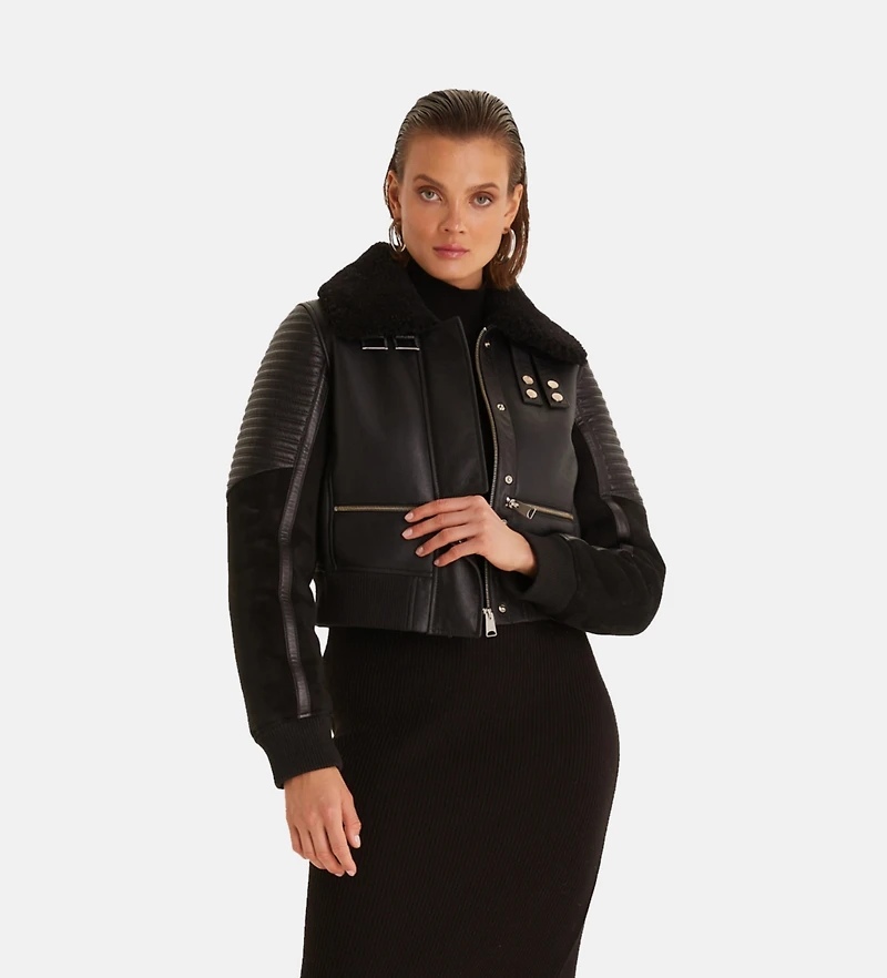 Furniq Uk Women's Fashion Jacket, Silky Black With Black Curly Wool