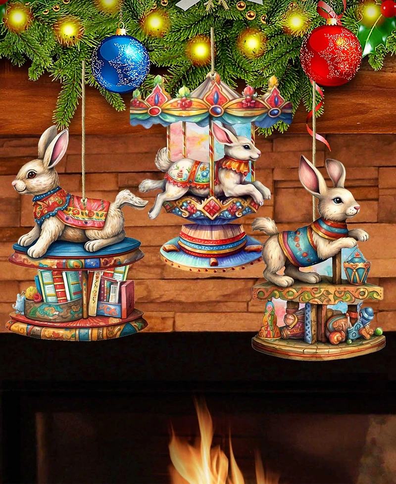 Designocracy Carousel Bunnies Christmas Wooden Ornaments Holiday Decor Set of 3 G. DeBrekht