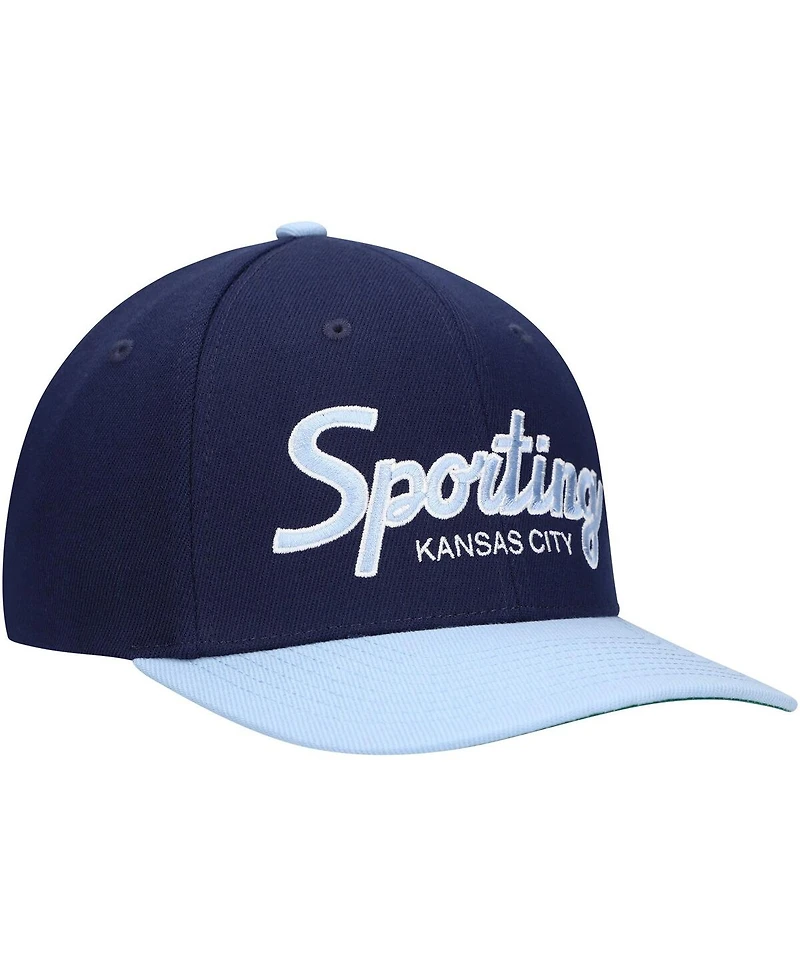 Men's Mitchell & Ness Navy Sporting Kansas City Team Script 2.0 Stretch Snapback Hat