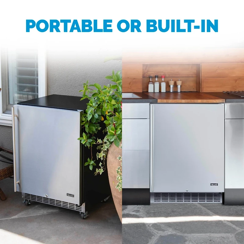 Newair 24" Built-in 160 Can Outdoor Beverage Fridge in Weatherproof Stainless Steel with Auto-Closing Door and Easy Glide Casters
