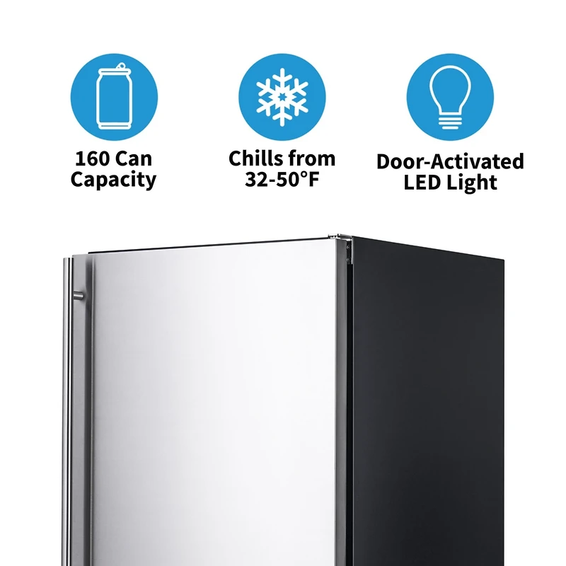 Newair 24" Built-in 160 Can Outdoor Beverage Fridge in Weatherproof Stainless Steel with Auto-Closing Door and Easy Glide Casters