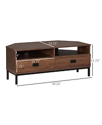 Homcom Corner Tv Stand for Tv up to 46", Entertainment Center with Open Storage and Drawers, Tv Table with Steel Legs, Dark Walnut