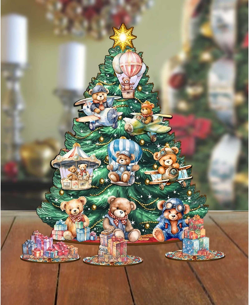 Designocracy Teddy Bears Themed Wooden Christmas Tree with Ornaments Set of 13 G. DeBrekht