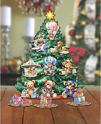 Designocracy Teddy Bears Themed Wooden Christmas Tree with Ornaments Set of 13 G. DeBrekht