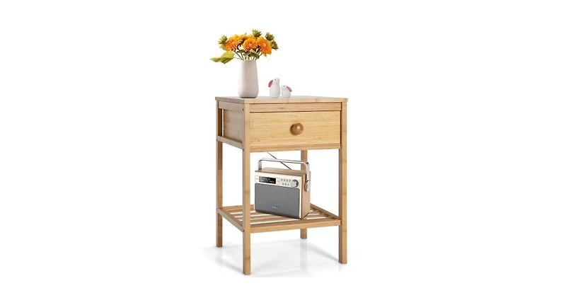 Bamboo Nightstand with Drawer and Open Shelf