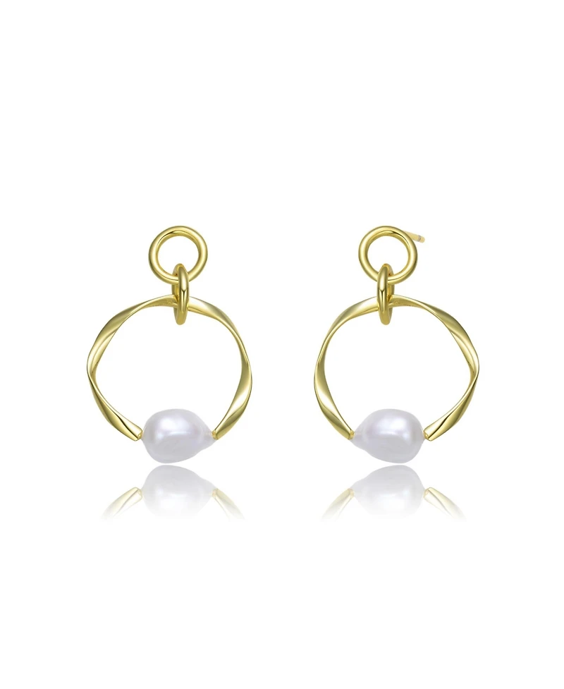 Elegant Sterling Silver 14K Gold Plating and Genuine Freshwater Pearl Round Dangling Earrings