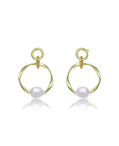 Elegant Sterling Silver 14K Gold Plating and Genuine Freshwater Pearl Round Dangling Earrings