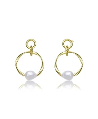 Elegant Sterling Silver 14K Gold Plating and Genuine Freshwater Pearl Round Dangling Earrings