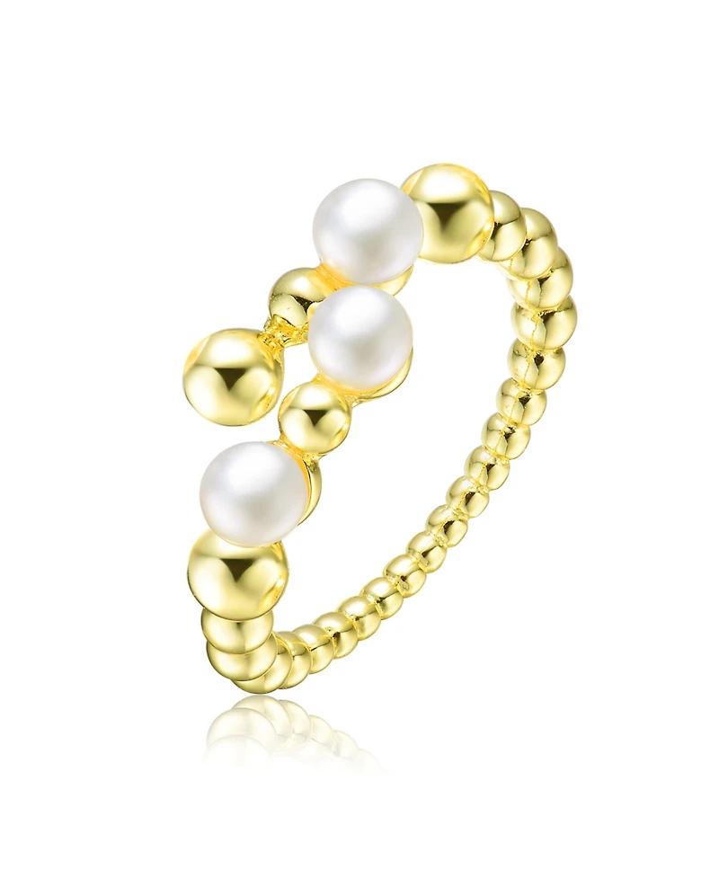 Sterling Silver 14K Gold Plated Genuine Freshwater Pearl and Cubic Zirconia Adjustable Ring