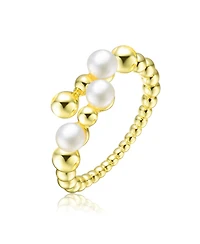 Sterling Silver 14K Gold Plated Genuine Freshwater Pearl and Cubic Zirconia Adjustable Ring