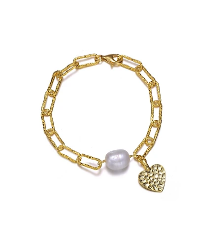 Sterling Silver 14K Gold Plated Genuine Freshwater Pearl and Cubic Zirconia Lobster Claw Link Bracelet