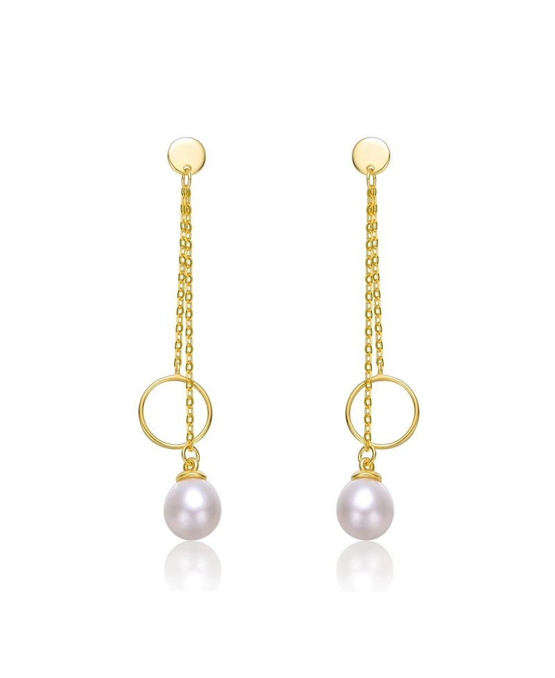 Sterling Silver 14k Yellow Gold Plated with White Freshwater Pearl & Eternity Circle Asymmetrical Double Linear Drop Fringe Earrings