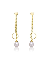 Sterling Silver 14k Yellow Gold Plated with White Freshwater Pearl & Eternity Circle Asymmetrical Double Linear Drop Fringe Earrings