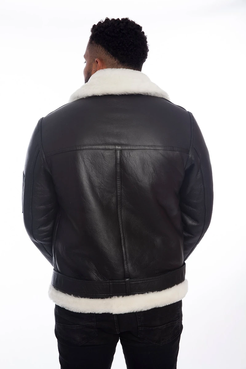 Furniq Uk Men's Shearling Belted Pilot Jacket, Silky Black with White Wool
