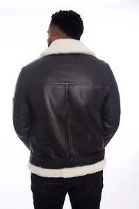 Furniq Uk Men's Shearling Belted Pilot Jacket, Silky Black with White Wool
