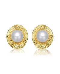 Sterling Silver 14K Gold Plated with Genuine Freshwater Pearl Hammered Stud Earrings