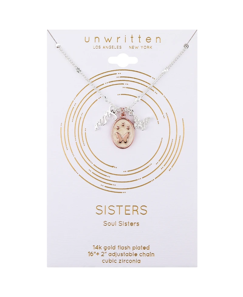 Unwritten 14K Rose Gold Plated Heart and Butterfly, Cubic Zirconia Butterfly and Silver Plated Sister Pendant Necklace