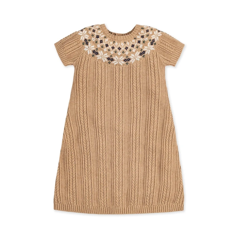 Hope & Henry Big Girls Short Sleeve Fair Isle Cable Sweater Dress