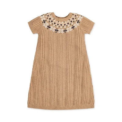 Hope & Henry Big Girls Short Sleeve Fair Isle Cable Sweater Dress
