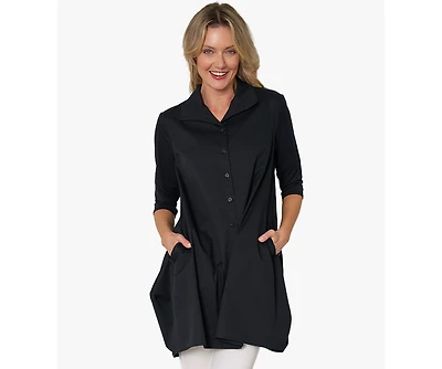 Stella Carakasi Women's 3/4 Sleeve Button-Front Cotton Poplin And Jersey Shirt Top Tiburon Tunic Icon