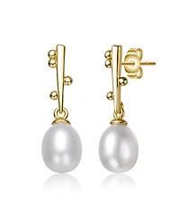 Sterling Silver 14k Yellow Gold Plated with White Freshwater Pearl Linear Stick Earrings