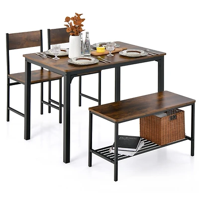 4pcs Dining Table Set Rustic Desk 2 Chairs & Bench with Storage Rack