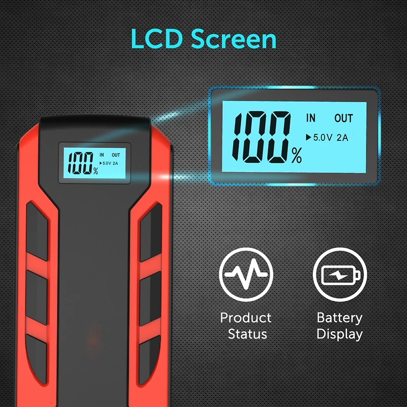 Alpha Digital Portable Car Jump Starter: 800A Peak- 10,000mAh 6.0L Gas/3.0L Diesel